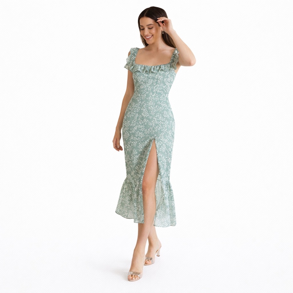 Park & Fifth Mint Green Floral Ruffle Midi Dress